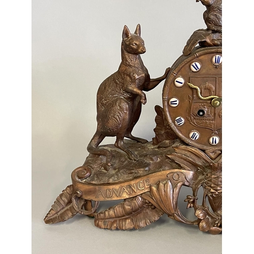 1005 - Antique Australian advance Australia clock, bronzed spelter, mounted with a figure of a kangaroo, em... 