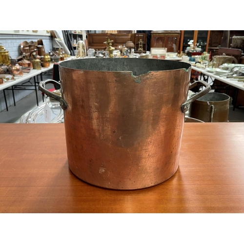 12 - Antique French copper stock pot, no lid, in distressed condition, approx 23cm x 27cm Dia