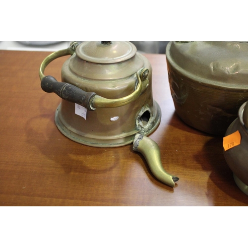 17 - French copper and brass to include two teapots (one A/F) and a pot, approx 25cm H and shorter (ex ha... 
