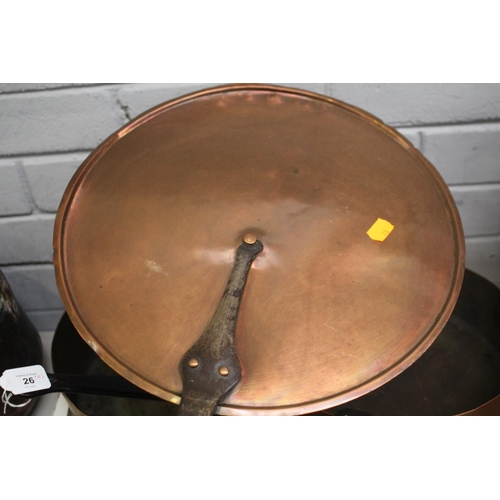 26 - Lot of six antique and later French copper pans with wrought iron handles and two lids approx 37cm D... 
