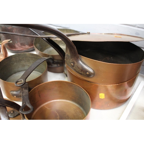 26 - Lot of six antique and later French copper pans with wrought iron handles and two lids approx 37cm D... 