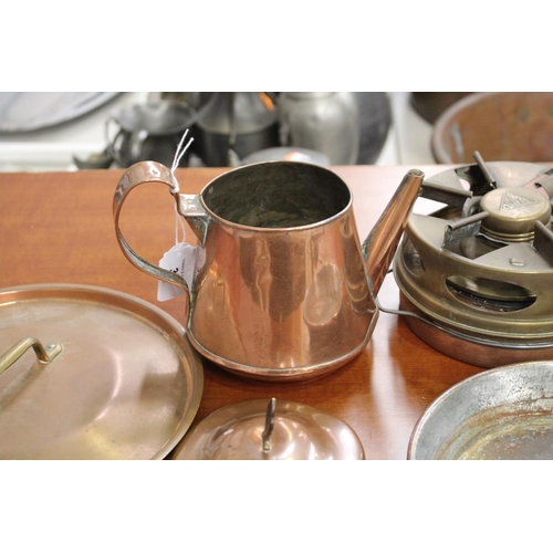 34 - Assortment of copper and brass items to include portable burner, pan, two lids and teapot (missing l... 