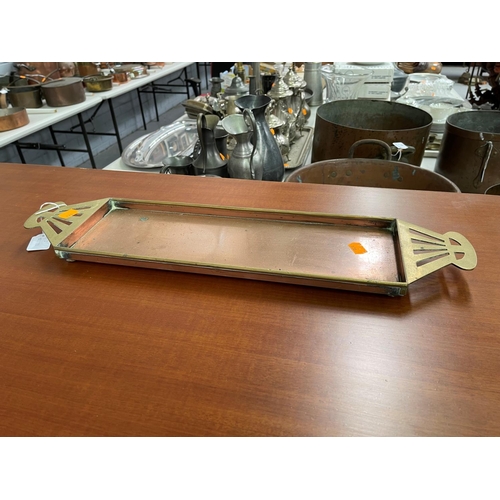 4 - French Art Deco copper and brass twin handled sandwich tray, approx 56cm W x 14cm D