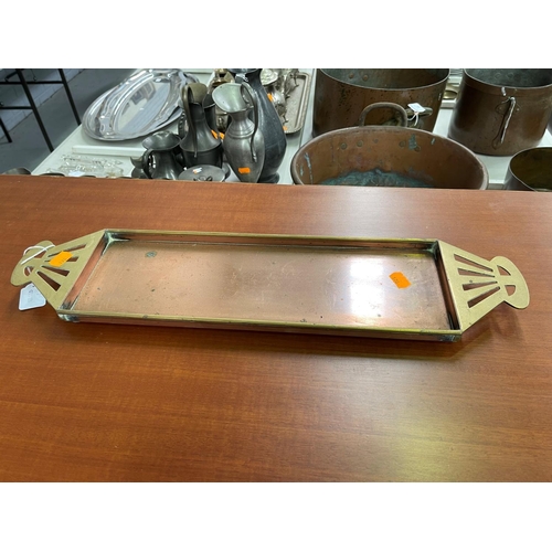 4 - French Art Deco copper and brass twin handled sandwich tray, approx 56cm W x 14cm D