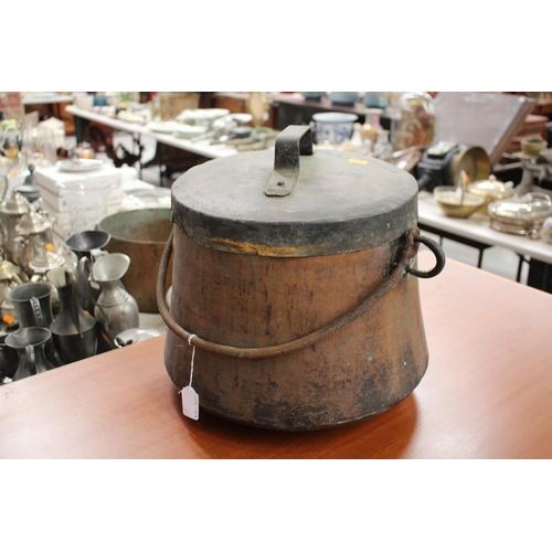 41 - Large Antique French copper lidded pot with swing handle, approx 38cm H x 37cm Dia (ex handle)