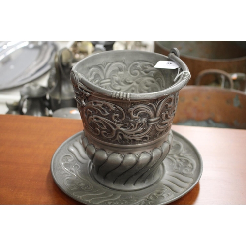 46 - Pewter swing handled champagne bucket, with grotesque masks and under tray, approx 21cm H (2)