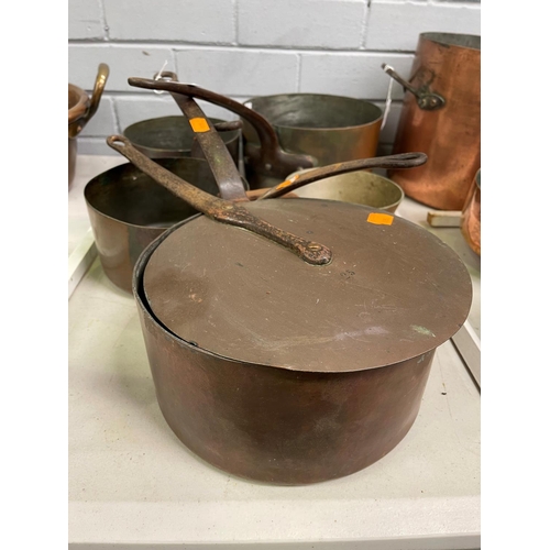 9 - Assortment of rustic antique French copper and wrought iron saucepans and lid, approx 25cm Dia and s... 