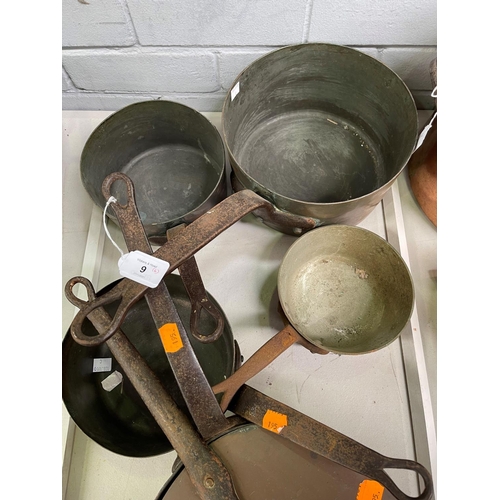 9 - Assortment of rustic antique French copper and wrought iron saucepans and lid, approx 25cm Dia and s... 
