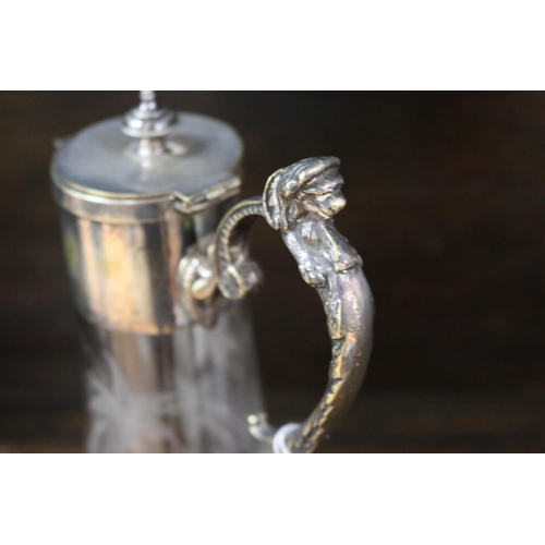 105 - Antique silver plated Victorian claret jug, wheel cut and etched decoration, approx 28cm H