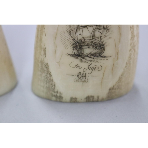 238 - Two engraved scrimshaws, both signed lower right, titled The Oflurry & The Niger, G Tonkin, each app... 
