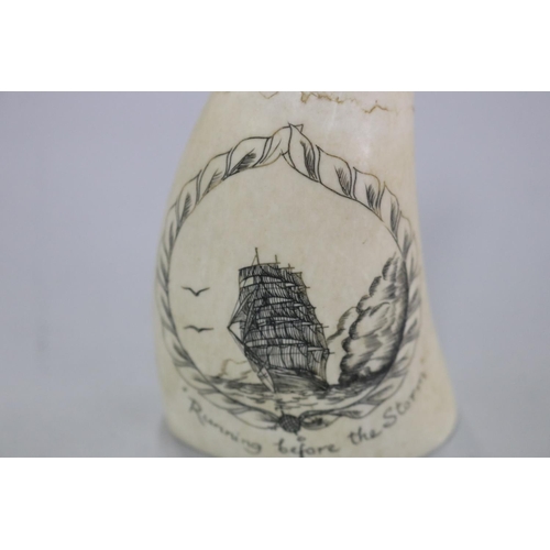 239 - Engraved scrimshaw, Running before the Storm, approx 10cm L