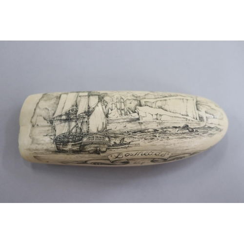 240 - Finely engraved scrimshaw, titled Boatheads, three mast ship in a polar landscape, signed G Tonkin, ... 