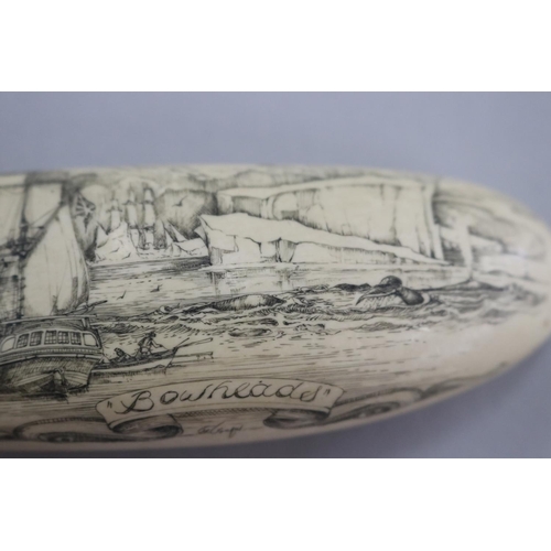 240 - Finely engraved scrimshaw, titled Boatheads, three mast ship in a polar landscape, signed G Tonkin, ... 