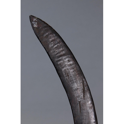 1 - FINE EARLY FIGHTING BOOMERANG, SOUTH EAST QUEENSLAND, carved and engraved hardwood, of crescent form... 