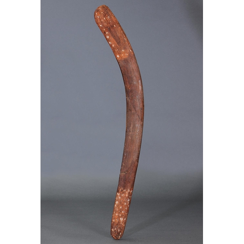 48 - PAINTED CEREMONIAL BOOMERANG, CENTRAL AUSTRALIA, Carved and engraved hardwood and natural pigment (w... 