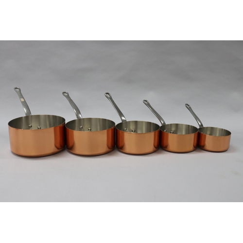 Set of five graduating French copper & wrought iron saucepans, approx 20cm Dia to 12.5cm Dia (5)