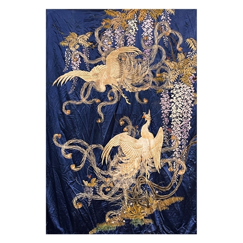 Large Blue wall hanging decorated with two phoenixes on silk satin with fine and magnificent embroidery (size to be updated soon)