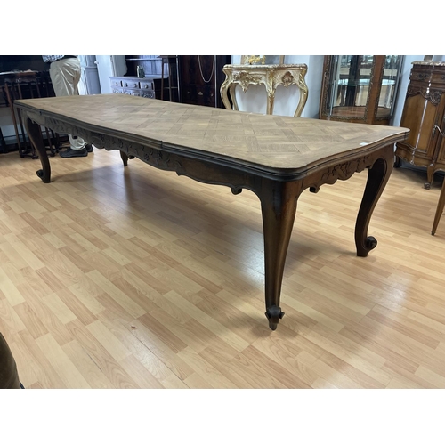 Rare long French parquetry Louis XV draw leaf table, standing well carved cabriole legs, approx 70cm H x 302cm L closed and 448cm L open x 104cm D
