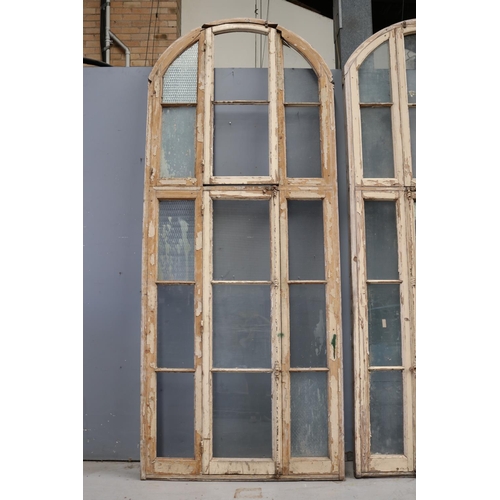 Tall Antique 19th century French wooden arched frame window, with original fitted hardware, some glass missing, approx 420cm H x 138cm W x 9cm D