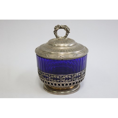 4 - Fine French silver fluted blue glass silver mounted lidded sugar bowl, marked to base edge, makers m... 