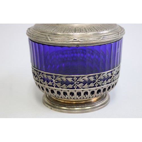 4 - Fine French silver fluted blue glass silver mounted lidded sugar bowl, marked to base edge, makers m... 