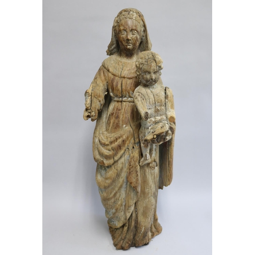 Antique 16th - 17th century French carved oak statue of Mary & baby Jesus, approx 83cm H