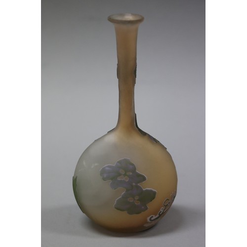 28 - Galle, French, small bottle vase, flattened body with long narrow flared neck, signed, approx 17cm H