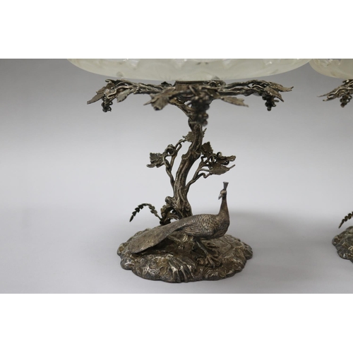 16 - Pair of antique grape vine comports, each with attached frosted and clear glass bowls, over a fruiti... 