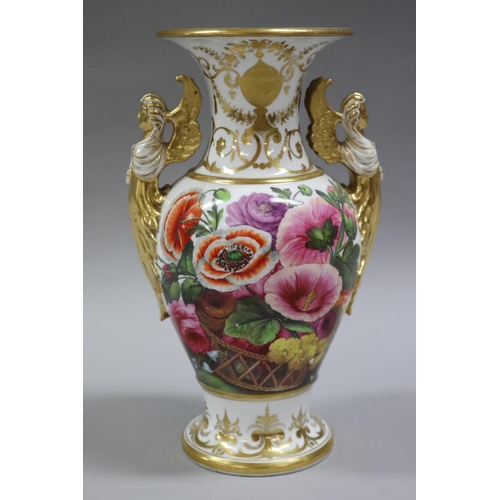 43 - Fine antique porcelain two handled ovoid vase, circa 1820. Well painted on one side with a basket of... 