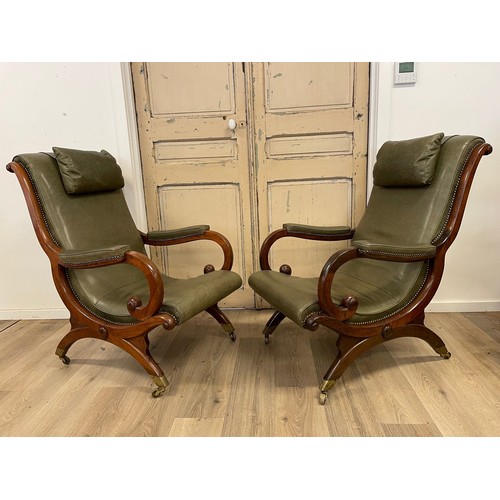 Rare pair of antique William IV period rosewood X framed library arm chairs. After a design by Loudon, the legs terminating with square brass capped castors. Upholstered in studded aged green leather, strap held head rest cushions. Purchased Martyn Cook Antiques, 2007 $38,000
The design is a slightly richer treatment of plate 1911 of John Claudius Loudon's Encyclopaedia of Cottage, Farm and Villa Architecture and Furniture, published in London in 1833. The drawing is reproduced in E. Joy (ed.), Pictorial Dictionary of British 19th century Furniture Design, London, 1977, p.157. The model was made in England and Northern Europe (2)