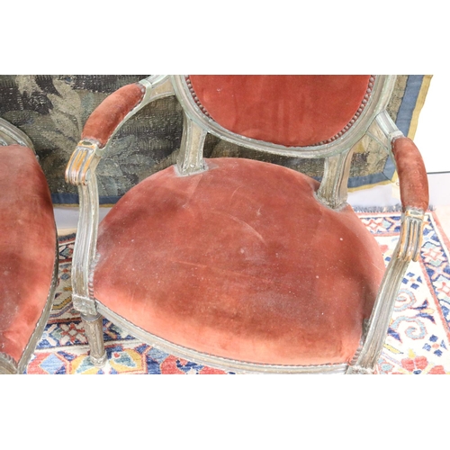 25 - Pair of antique French Louis XVI period armchairs, each with painted frames. Label for Printemps of ... 