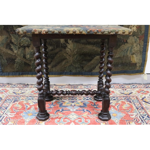 35 - Antique Flemish period revival barley twist support occasional table, with central stretcher, top co... 