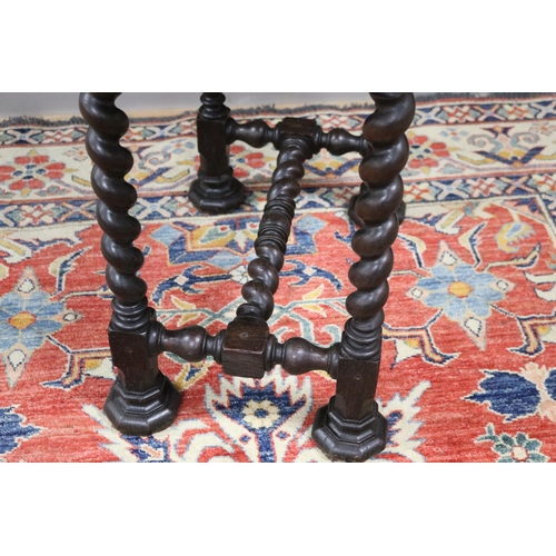 35 - Antique Flemish period revival barley twist support occasional table, with central stretcher, top co... 