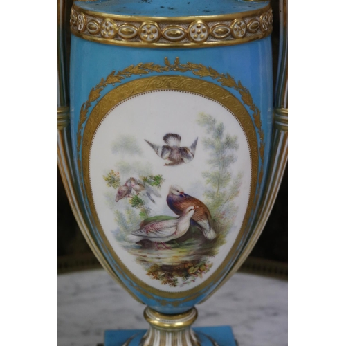 57 - Antique French Sevres porcelain twin handled urn, converted to lamp. Pale blue ground with oval gilt... 