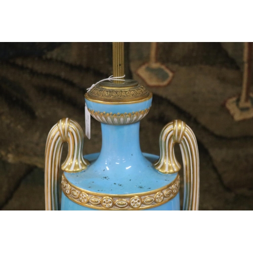 57 - Antique French Sevres porcelain twin handled urn, converted to lamp. Pale blue ground with oval gilt... 