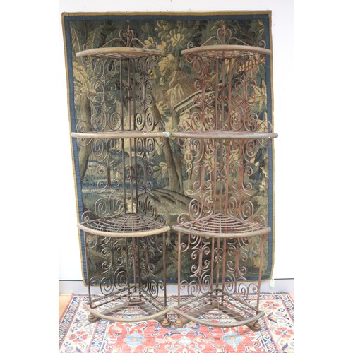 12 - Pair of antique French wrought iron & brass banded corner bakers stands, each approx 214cm H x 66cm ... 