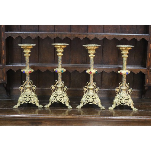 47 - Set of four antique French cast brass elaborate prickets with jewelled mounts, some missing, approx ... 