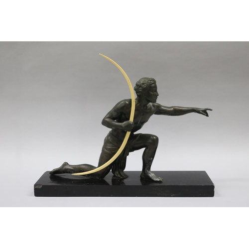 46 - French Art Deco bronzed spelter figure of an archer on black basalt base, signed to base Uriano, sho... 