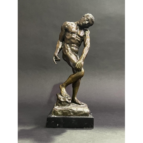1 - J A Moreau, bronze figure, Nude male, on black marble base, signed to base, approx 35cm H