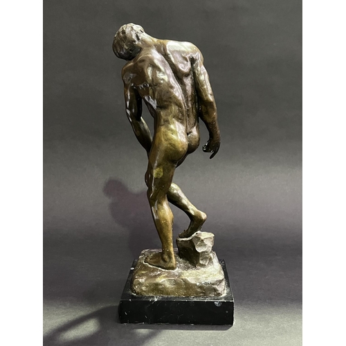 1 - J A Moreau, bronze figure, Nude male, on black marble base, signed to base, approx 35cm H