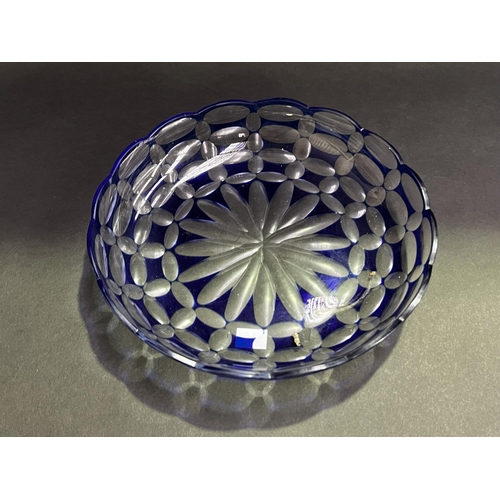 11 - Vintage blue overlay circular dish with scalloped edge, approx 26cm Dia