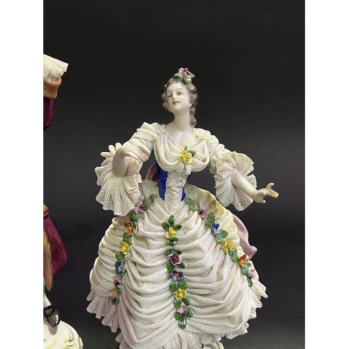 14 - Pair of German Augustus Rex Dresden lace work porcelain figures, approx 27cm H and shorter (2)