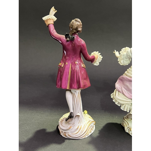 14 - Pair of German Augustus Rex Dresden lace work porcelain figures, approx 27cm H and shorter (2)