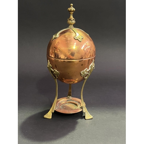 17 - Antique WMF copper and brass egg coddler, of ball form, art and crafts brass strap work and legs, Os... 