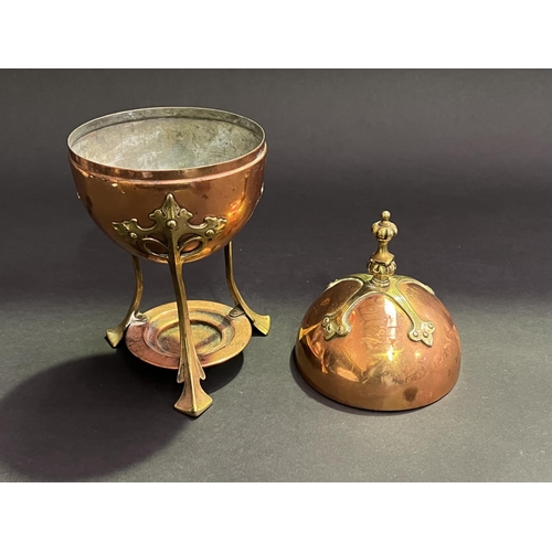 17 - Antique WMF copper and brass egg coddler, of ball form, art and crafts brass strap work and legs, Os... 