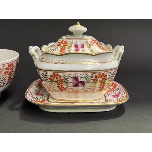 18 - Antique Regency English porcelain lidded sauce tureen and stand, along with a bowl, bowl approx 8cm ... 