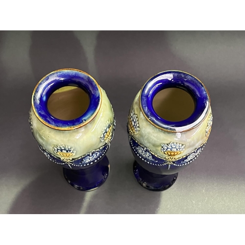 20 - Pair of antique Royal Doulton baluster vases, deep blue ground. By Rosina Harris, each approx 29cm H... 