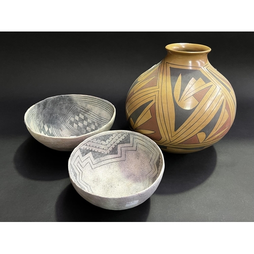 32 - Two small American Indian pots & other of ball form pot (hair line crack to the large pot), approx 2... 