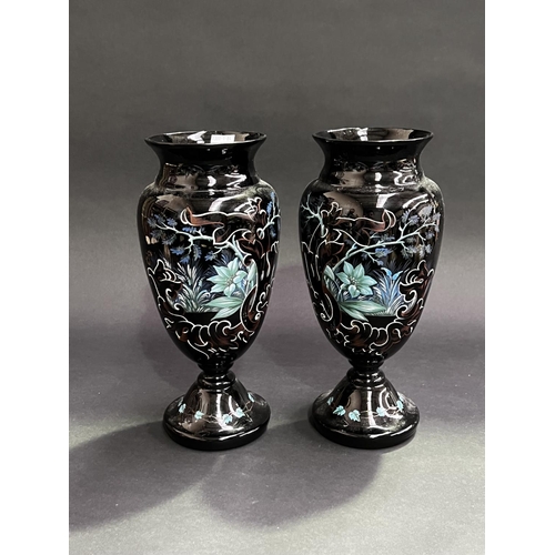 43 - Pair of antique black glass baluster shape vases, raised enamel decoration, each approx 30cm H (2)