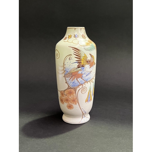 5 - Gouda Art Nouveau pottery cylinder vase, hand painted with trailing flowers and bird, approx 21cm H